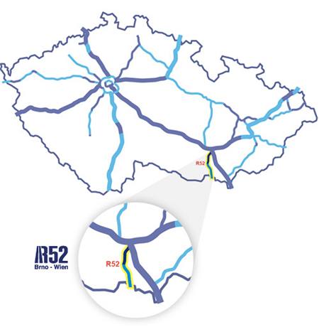 Mapa dalniní sít R vetn rychlostní silnice R52 k rakouským hranicím.