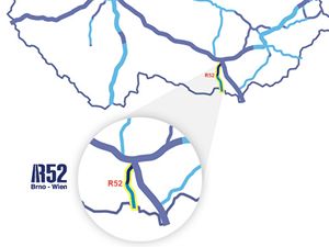 Mapa dalnin st R vetn rychlostn silnice R52 k rakouskm hranicm.
