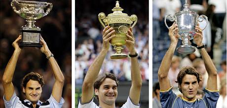 Australian Open, Wimbledon, US Open (zleva), tam vude se ji Federer radoval z trofeje pro vítze.