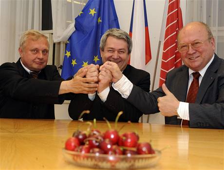 Komunisté (zleva Miloslav Ransdorf, předseda KSČM Vojtěch Filip a Vladimír Remek) se radují z výsledků eurovoleb.