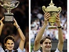 Australian Open, Wimbledon, US Open (zleva), tam vude se ji Federer radoval z trofeje pro vítze.