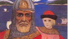 Kyjevský kní�e Oleg se synem Igorem, který Glazunov namaloval v roce 1972. Kní�e dr�í v ruce me�. 