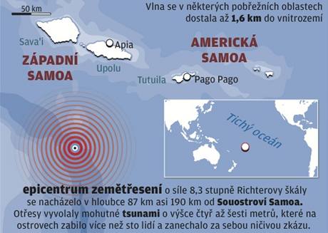 Mapka vyznaujc epicentrum zemtesen u souostrov Samoa