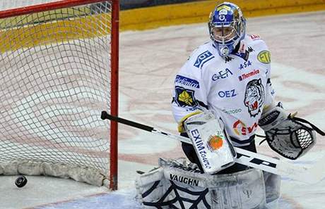 Branká týmu Bílí Tygi Liberec Marek Pinc práv dostal první gól.