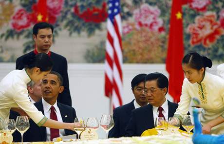 Slavnostní veee: B. Obama a ínský prezident Chu in-tchao 