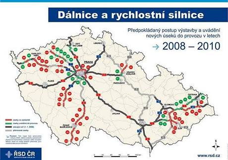 Úseky dálnic a rychlostních silnic, které by podle plánu mly být uvedeny do provozu v letech 2008-2010.