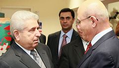Kyperský prezident Demetris Christofias (vlevo) na jednání s pedstavitelem turecké ásti Kypru Mehmetem Ali Talatem