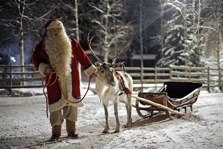 Santa Claus připravuje soby a sáně ve finském městě Rovaniemi. Santa slíbil dětem, že i přes epidemii prasečí chřipky stihne dárky rozvézt. 