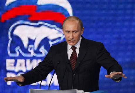 Ruský premiér Vladimir Putin pi projevu na kongresu strany Jednotné Rusko