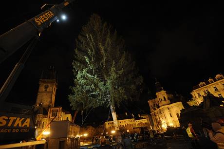 Stavba vánočního stromu na Staroměstském náměstí v Praze (2009).