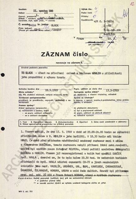 Dokument o spoluprci agenta s krycm jmnem Black - tm byl Joska Skalnk