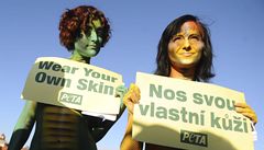 Na protest proti pou�ívání ko�e�in a k��e v módním pr�myslu se na Karlov� most� v Praze svlékly do kalhotek aktivistky z organizace Lidé pro etické zacházení se zví�aty (PETA). 