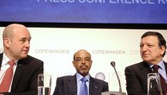 Fredrik Reinfeldt, Jose Manuel Barroso a Meles Zenawina klimatickém summitu v Kodani