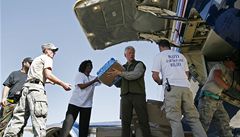 Bývalý americký prezident Bill Clinton pomáhá s výkladat humanitární pomoc na haitském letiti.