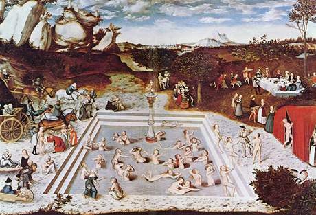 Lucas Cranach starí: Fontána mládí (1546) K bazénu s magickou Venuinou vodou jsou piváeny na vozech a kolekách staré eny a na druhé stran posléze omlazené vylézají