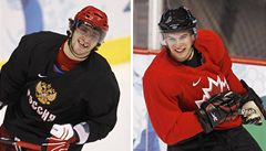 Oba vdci mají dobrou náladu: vlevo ruský kanonýr Alexander Ovekin, vpravo Kanaan Sidney Crosby.