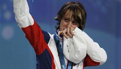 Martina Sáblíková pi medailovém ceremoniálu.