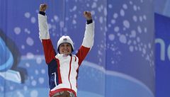 Martina Sáblíková p�i medailovém ceremoniálu.