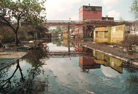 Modroerná hladina vody s mazutem, olejem a dalími ropnými substancemi, které unikly pi povodních v roce 1997 v chemice Ostramo