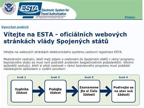 Internetové stránky elektronické registrace ESTA.