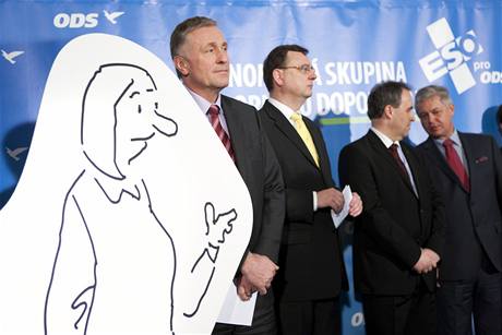 Obanská demokratická strana zahájila volební kampa. éf ODS Mirek Topolánek u kreslených postaviek Václava Dobráka a Marie Sluné.