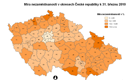 Mapa nezamstnanosti v beznu 2010.