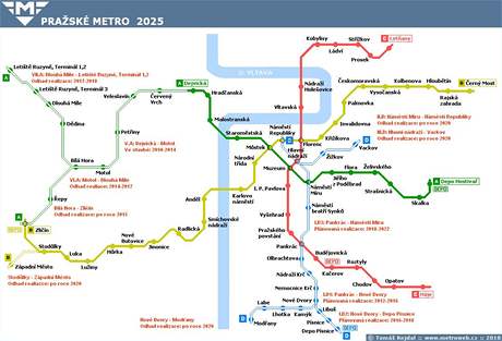 Schéma praského metra v roce 2025