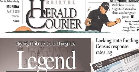 Dnení titulní stránka deníku Bristol Herald Courier
