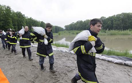 estaticet jednotek hasi z nkolika okres pokraovalo ve zpevování hráze eky Moravy u Hodonína, která má ochránit obce pod Hodonínem ped povodnmi.