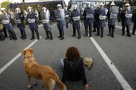 Zde 22. prosince 2008. Pes, který nevynechal ani jednu řeckou demonstraci po celá léta. 
