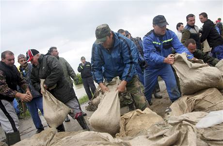 Dobrovolníci zpevují hráz na ece Nitra bhem povodní na Slovensku