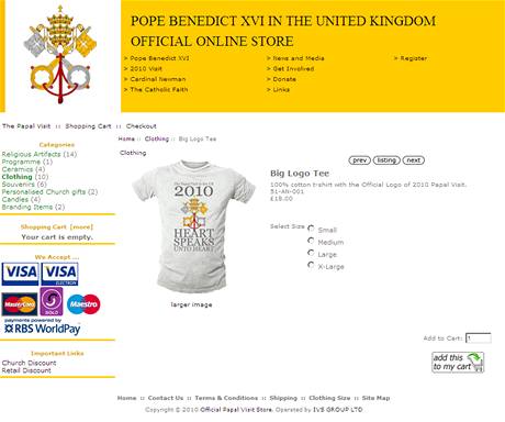 K nvtve svatho otce v Britnii nabz crkev na internetu destky suvenru. Triko podte za 18 liber (540 K). 