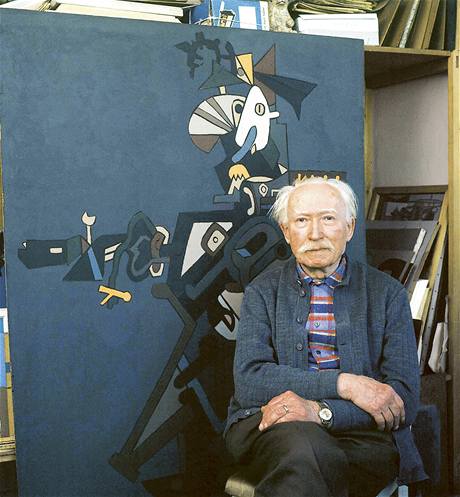 František Gross v roce 1979 s právě dokončeným monumentálním abstraktním plátnem Kovbojem.