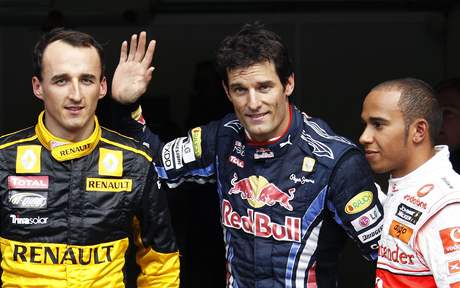 Kvalifikace VC Belgie Formule 1 (zleva: Robert Kubica, Mark Webber, Lewis Hamilton)