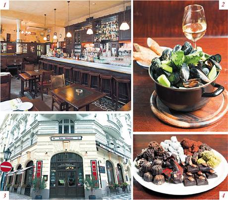 Les Moules. Interir kopruje styl bruselskch pivnic (1). Restauraci najdete v Pask ulici (3). Mule duen na vn (2), pralinky (4).