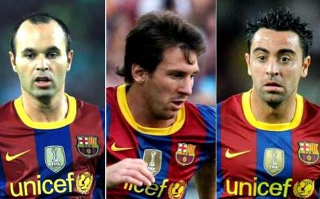 Zleva: Iniesta, Messi, Xavi.