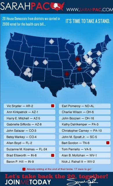 Mapa politickch cl Palinov, na seznamu je i postelen kongresmanka Giffordsov