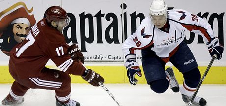 eský hokejista ve slubách Phoenixu Radim Vrbata (vlevo) bojuje o puk v zápase NHL s Washingtonem 
