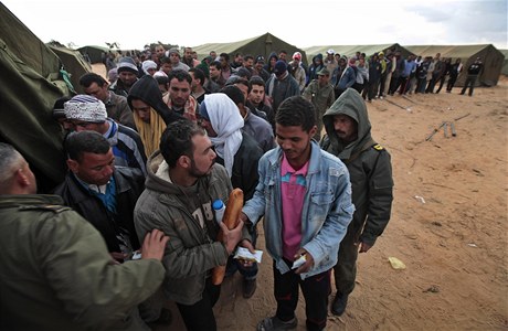 Egypttí dlníci prchající z Libye ekají na jídlo v uprchlickém táboe na tunisko-libyjské hranici. 