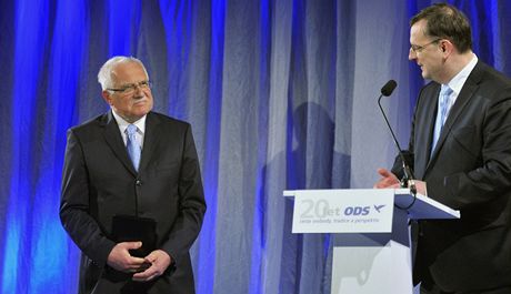 Prezident Václav Klaus a premiér Petr Neas na oslavách 20. výroí zaloení ODS