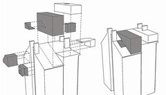 Axonometrické schéma vyzna�uje objemy p�idané k p�vodnímu domu 