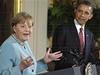 Angela Merkelová a Barack Obama na spolené tiskové konferenci ve Východním pokoji Bílého domu.
