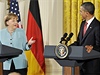 Angela Merkelová a Barack Obama na spolené tiskové konferenci ve Východním pokoji Bílého domu.