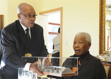 Nelson Mandela oslavil u 93 let, na fotografii mu prezident Jihoafrick republiky Jacob Zuma pedv dar 