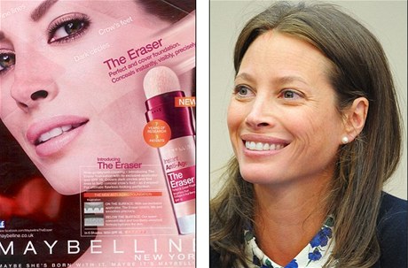 Christy Turlingtonov v reklam na Maybelline (vlevo) a na neretuovan fotografii
