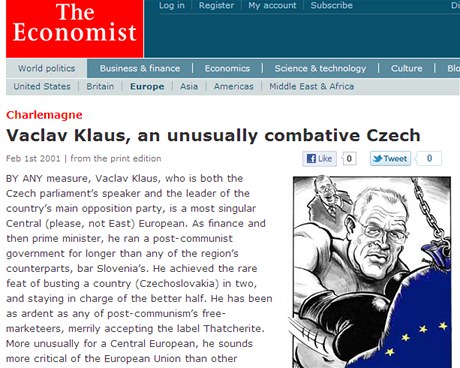 Nezvykle bojovn ech. Britsk tdenk The Economist zaadil eskho prezidenta Vclava Klause mezi kontroverzn vchodoevropsk politiky.