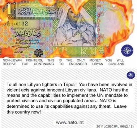 NATO shazovalo v oblasti Tripolisu letky. kter nabdaj Kaddfho stoupence, aby se pidali na stranu povstalc a vytvoili jednotn libyjsk lid