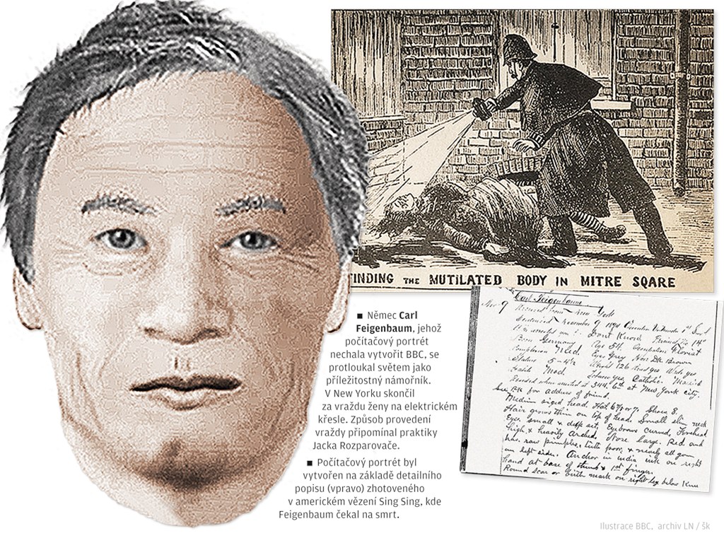 N�mec Carl Feigenbaum, jeho� po�íta�ový portrét nechala vytvo�it BBC, se protloukal sv�tem jako p�íle�itostný námo�ník. V New Yorku skon�il za vra�du �eny na elektrickém k�esle. Zp�sob provedení vra�dy p�ipomínal praktiky Jacka Rozparova�e.