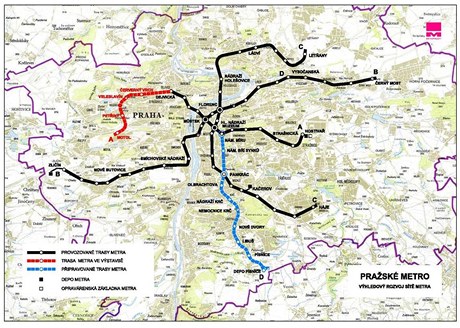 Praské metro - mapa souasných a plánovaných linek 