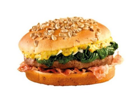 Hamburger Vivace je se slaninou, slaným penátem, marinovanou cibulí a majonézou se semínky hoice.